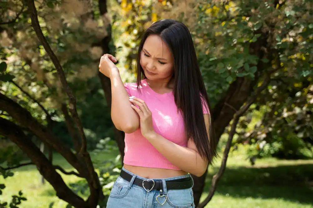 chica se rasca herida en codo que pica