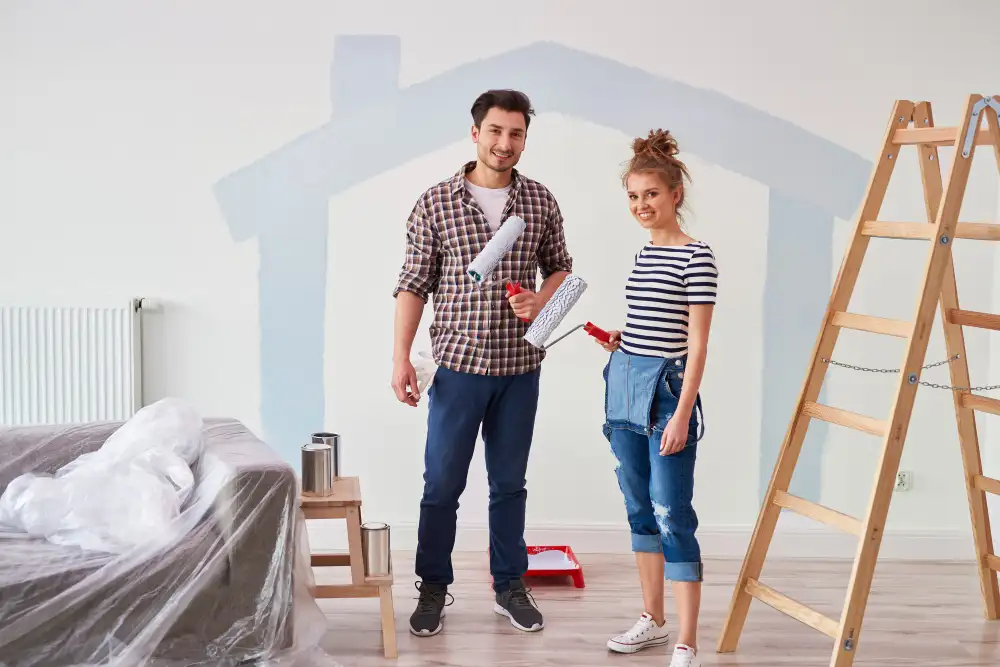 pareja prepara a pintar la casa