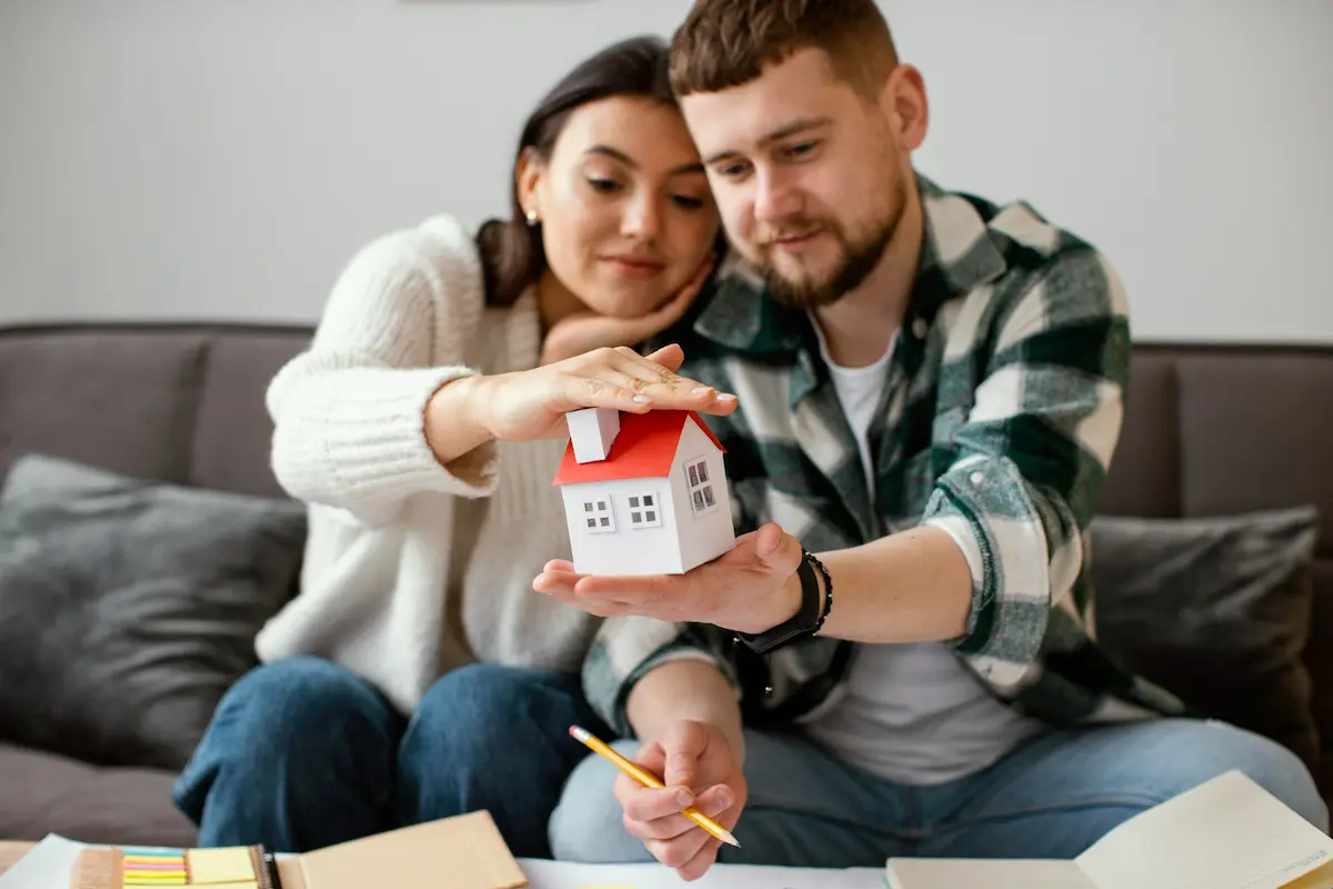 pareja feliz se abraza en su nueva casa