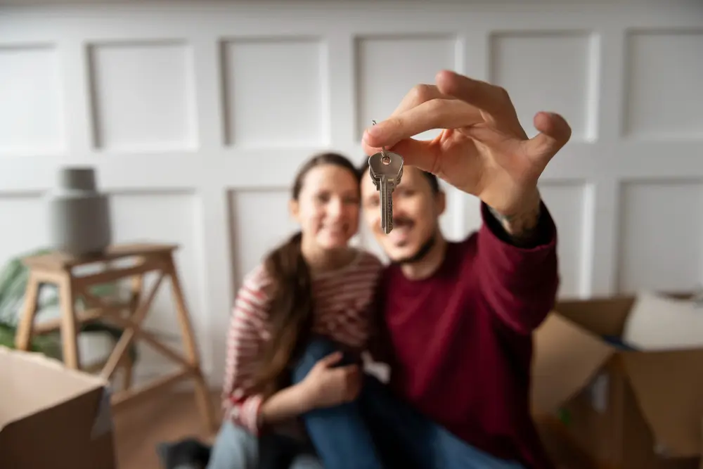 pareja feliz tiene llaves nueva casa