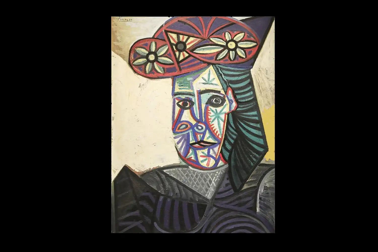 Busto de mujer con sombrero de flores