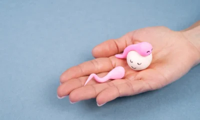 mano con piccolo ovulo e due pupazzetti rosa