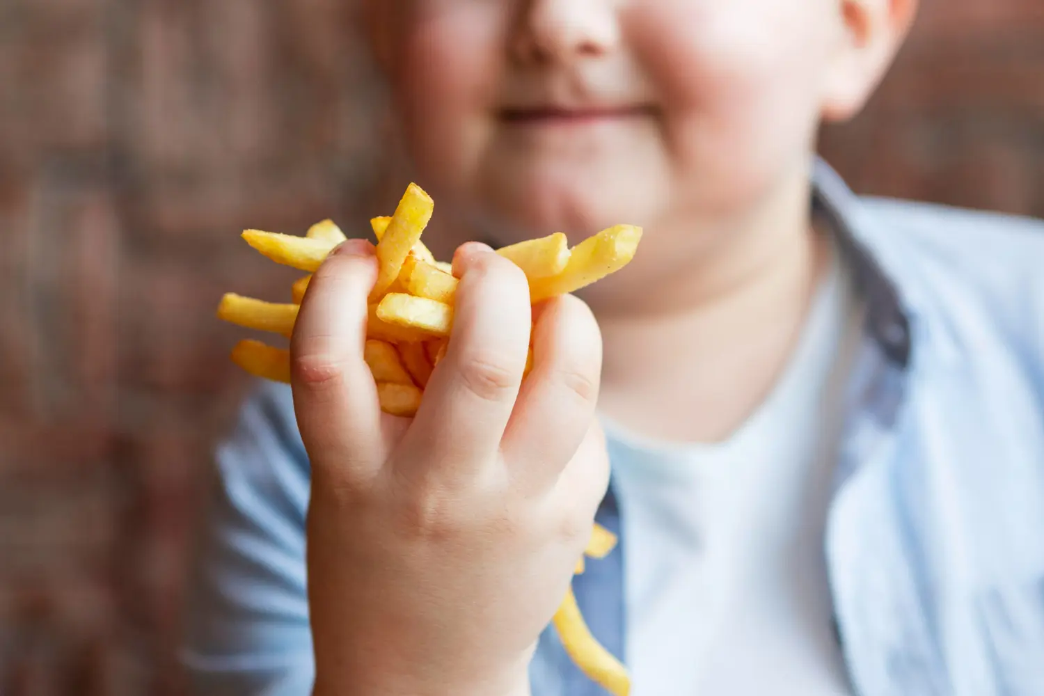 niño obeso con patatas fritas en la mano