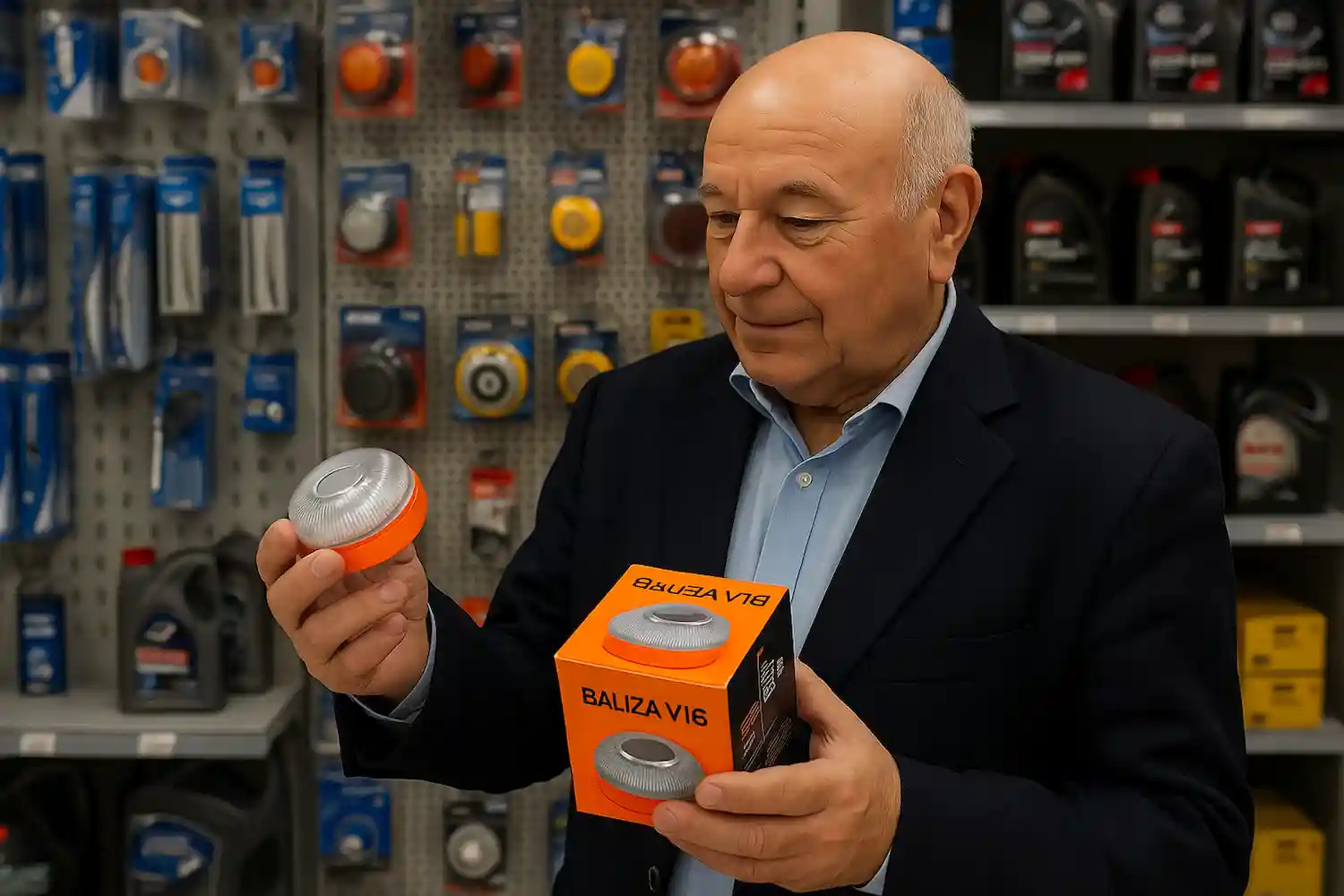 anciano comprando una baliza V16