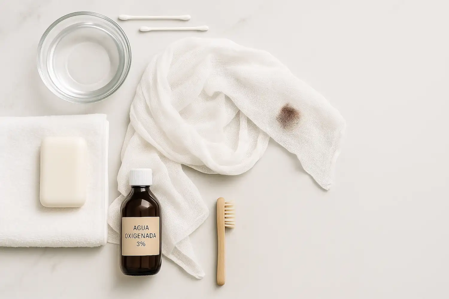 limpiar una manchas oscuras de un pañuelo de gasa blanco