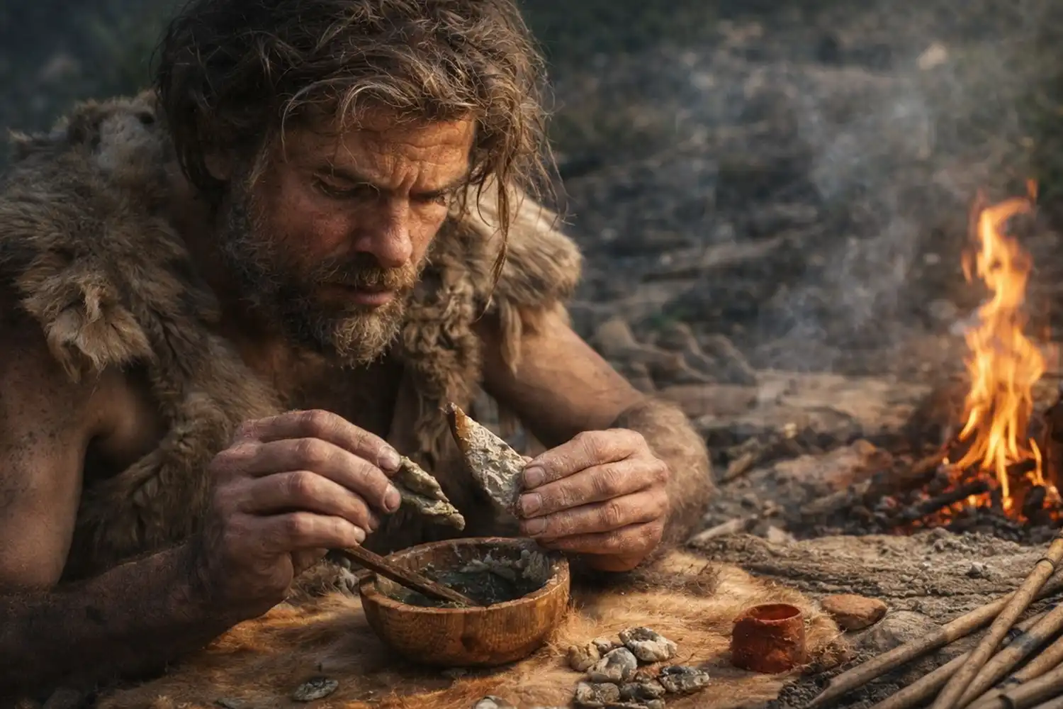 hombre prehistorico prepara flechas con veneno