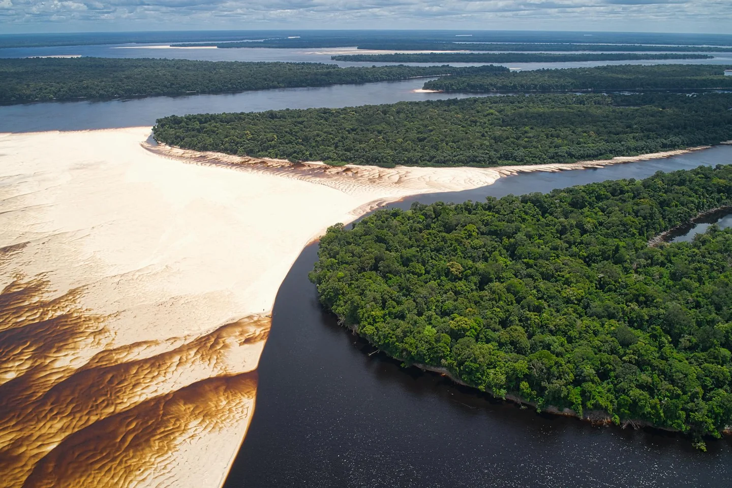 Vista aérea del río Amazonas para ilustrar por que paises pasa el amazonas y el territorio que recorre.