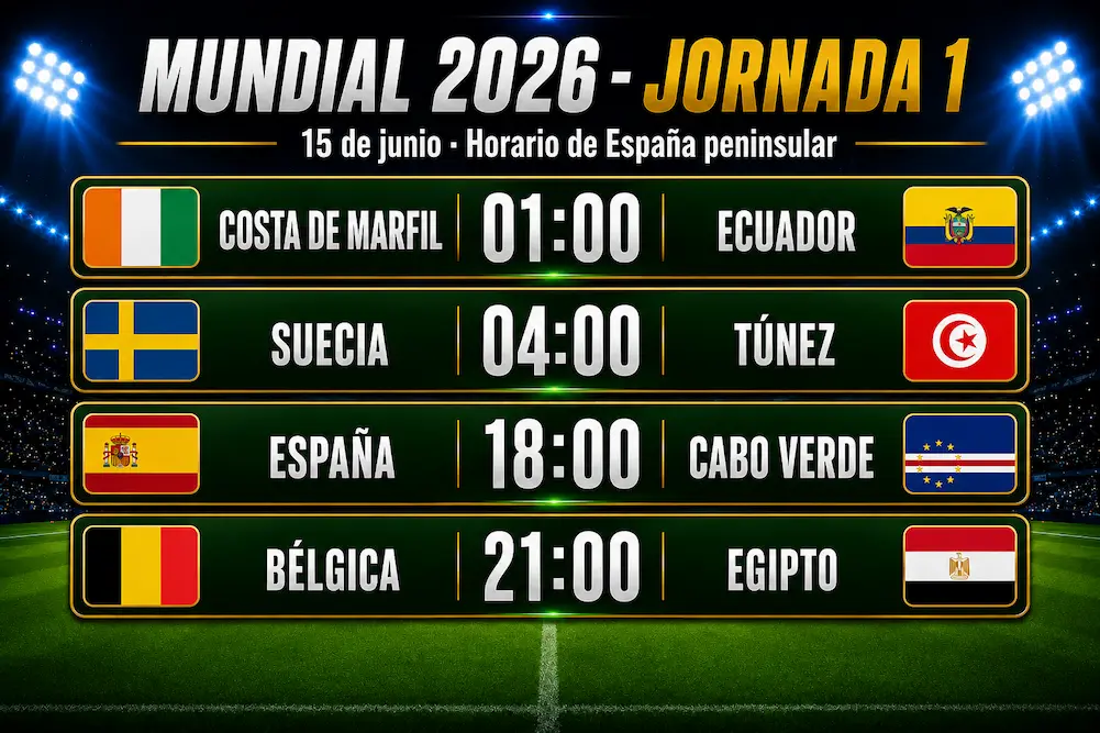 ¿Qué partidos del Mundial 2026 se juegan el 15 de junio?