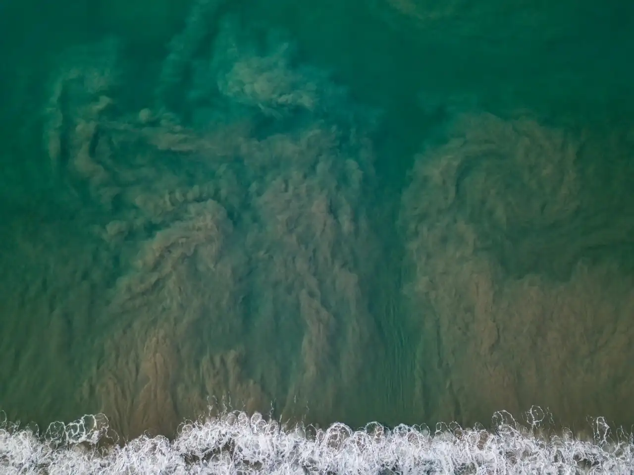 Mar verde por fitoplancton visto desde el aire, con una floración que forma remolinos sobre el océano