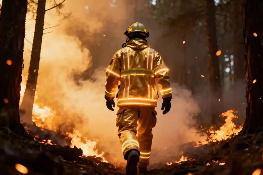 bombero en medio de un incendio forestal