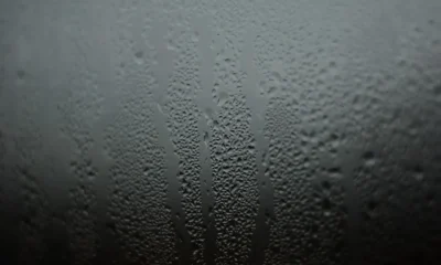 Vaso frío suda y muestra gotas de condensación en un ambiente húmedo