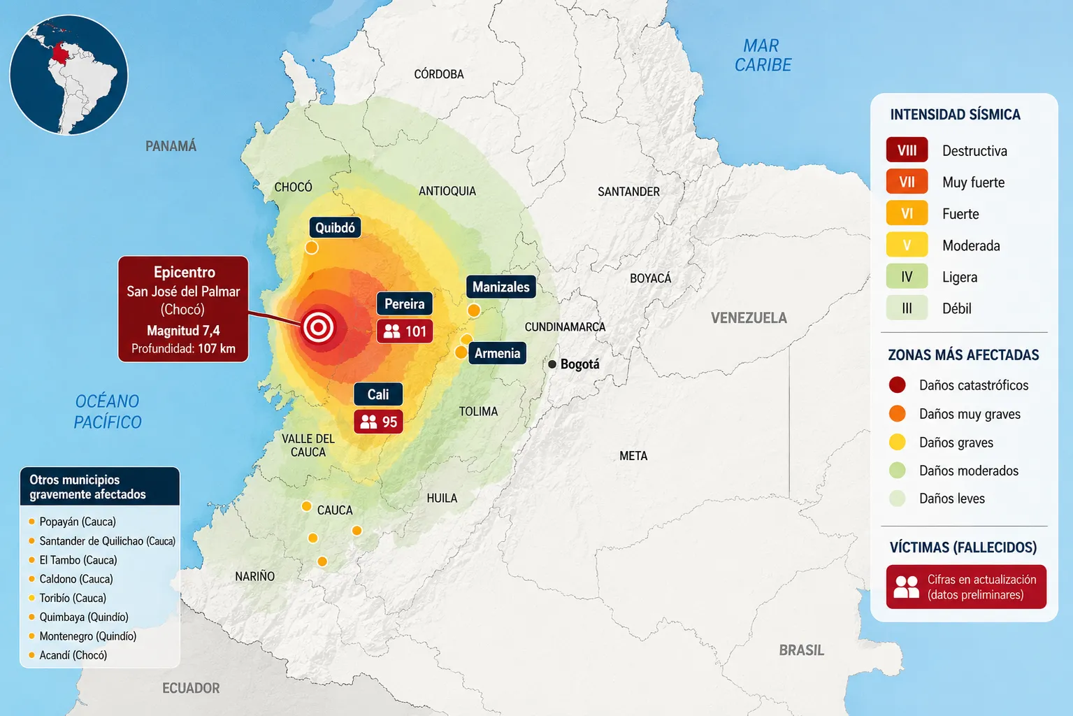 Dónde golpeó más el terremoto de Colombia