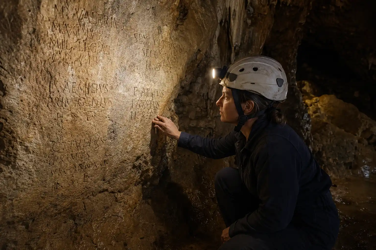 arqueóloga mira escritas latinas en una cueva