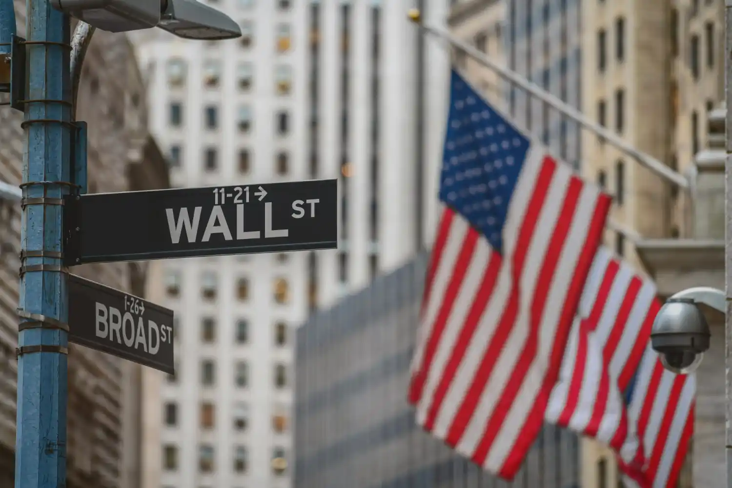 calle insigna y banderas USA en Wall Street