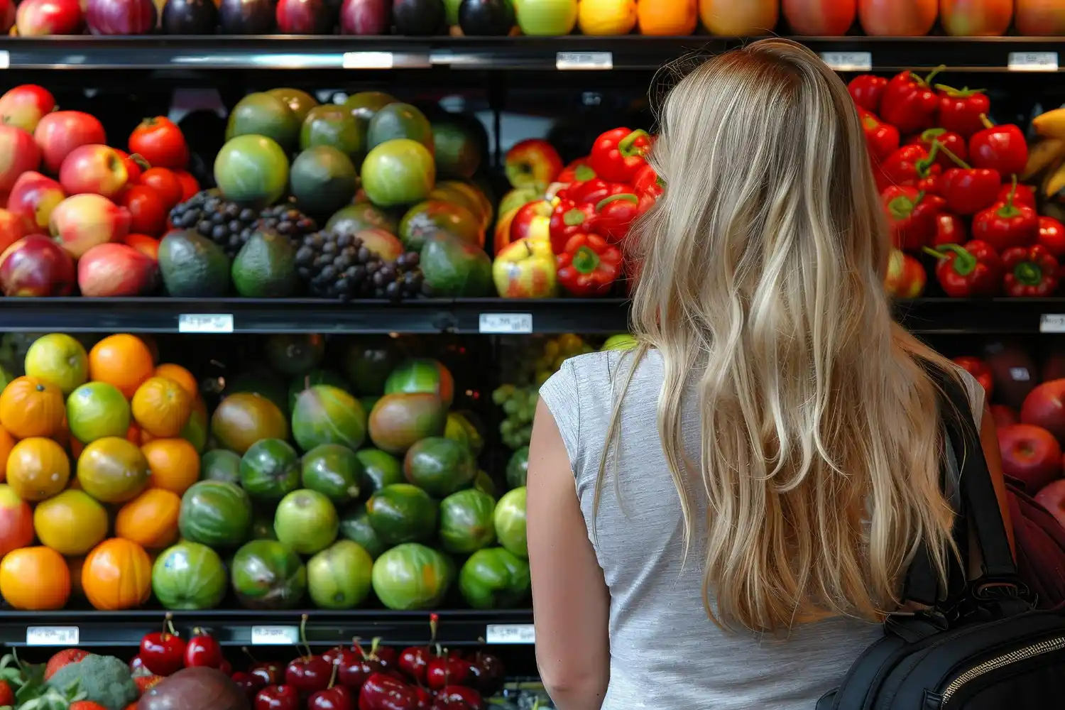 mujer compra verdura y fruta