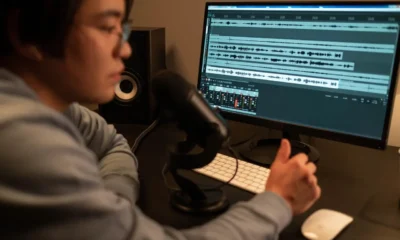 Productor musical trabajando en canciones cada vez más cortas ante la pantalla de un estudio