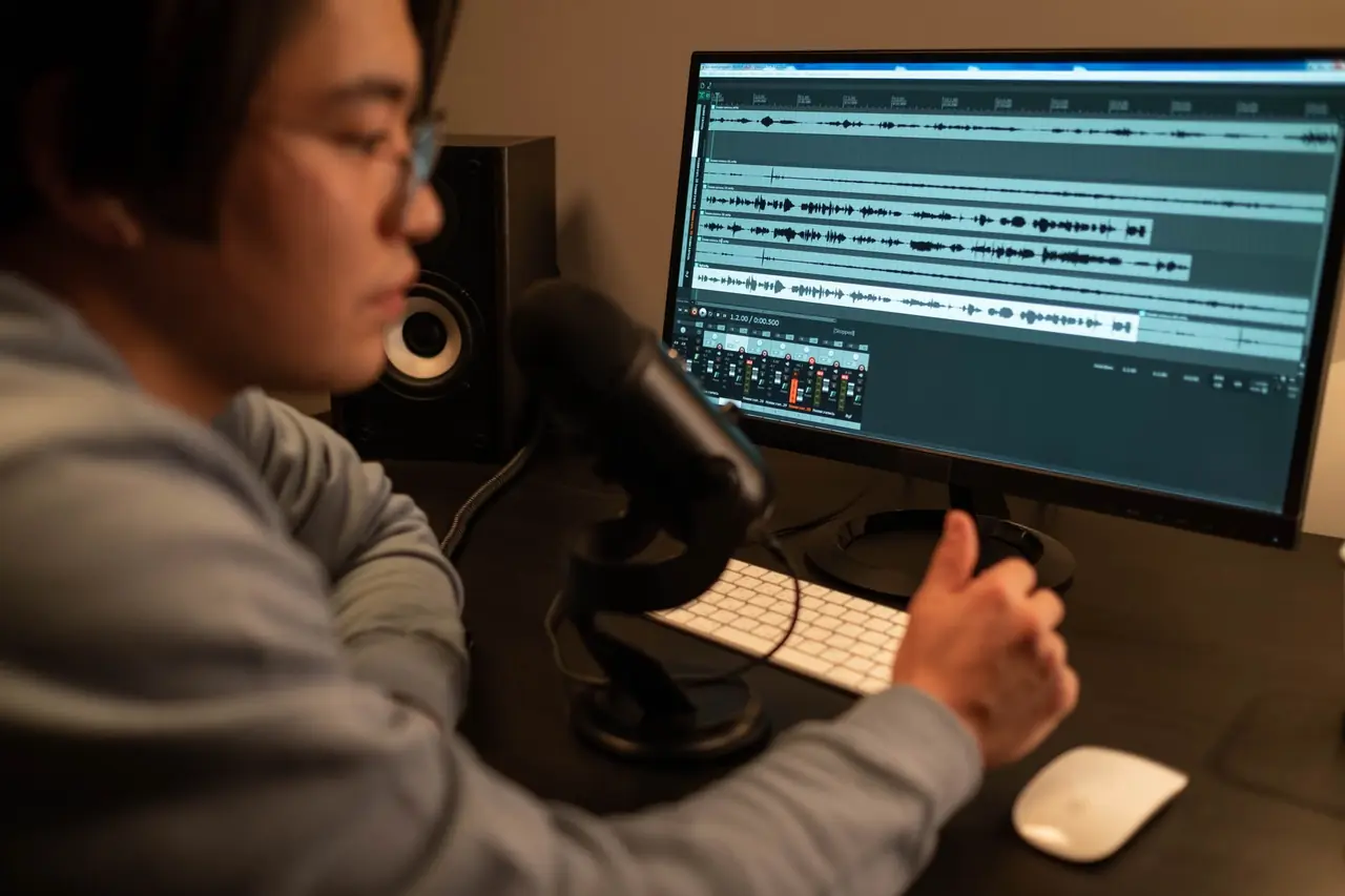 Productor musical trabajando en canciones cada vez más cortas ante la pantalla de un estudio