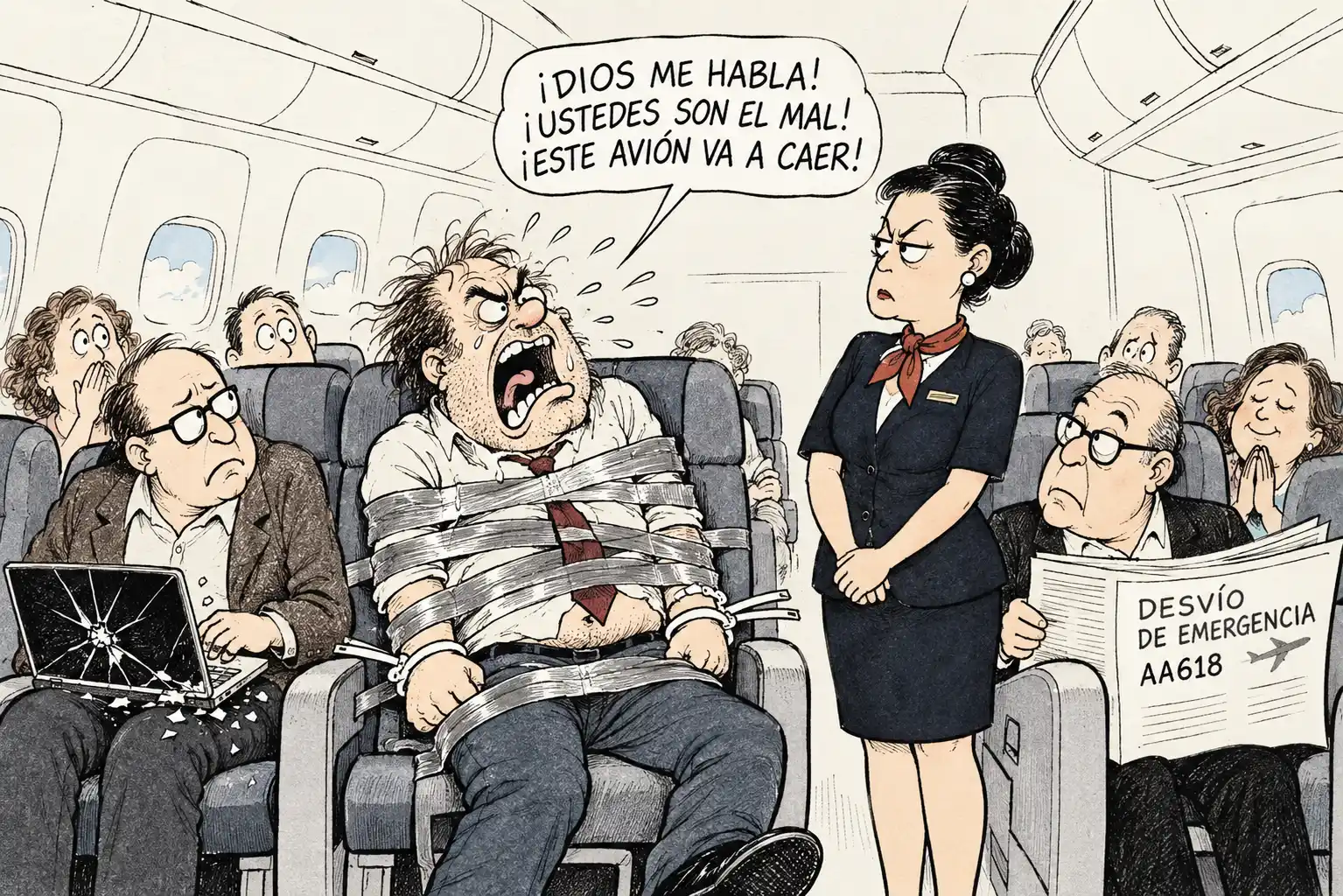 pasajero atado con cinta en vuelo