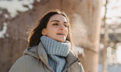 Persona cuyo aliento se hace visible cuando hace frío al respirar al aire libre
