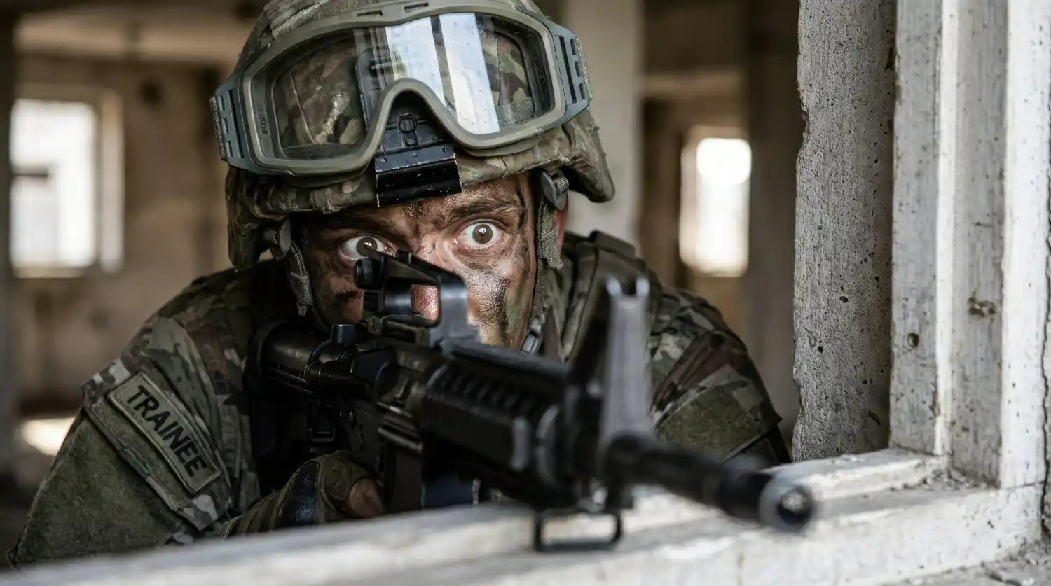 soldado con rifle y ojos abiertos en una ventana