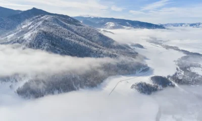 Valle cubierto de niebla durante una inversión térmica, visto desde una ladera soleada