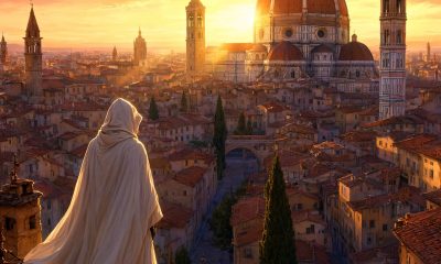 Figura encapuchada con capa blanca sobre los tejados de una ciudad renacentista italiana al atardecer