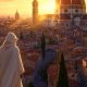 Figura encapuchada con capa blanca sobre los tejados de una ciudad renacentista italiana al atardecer