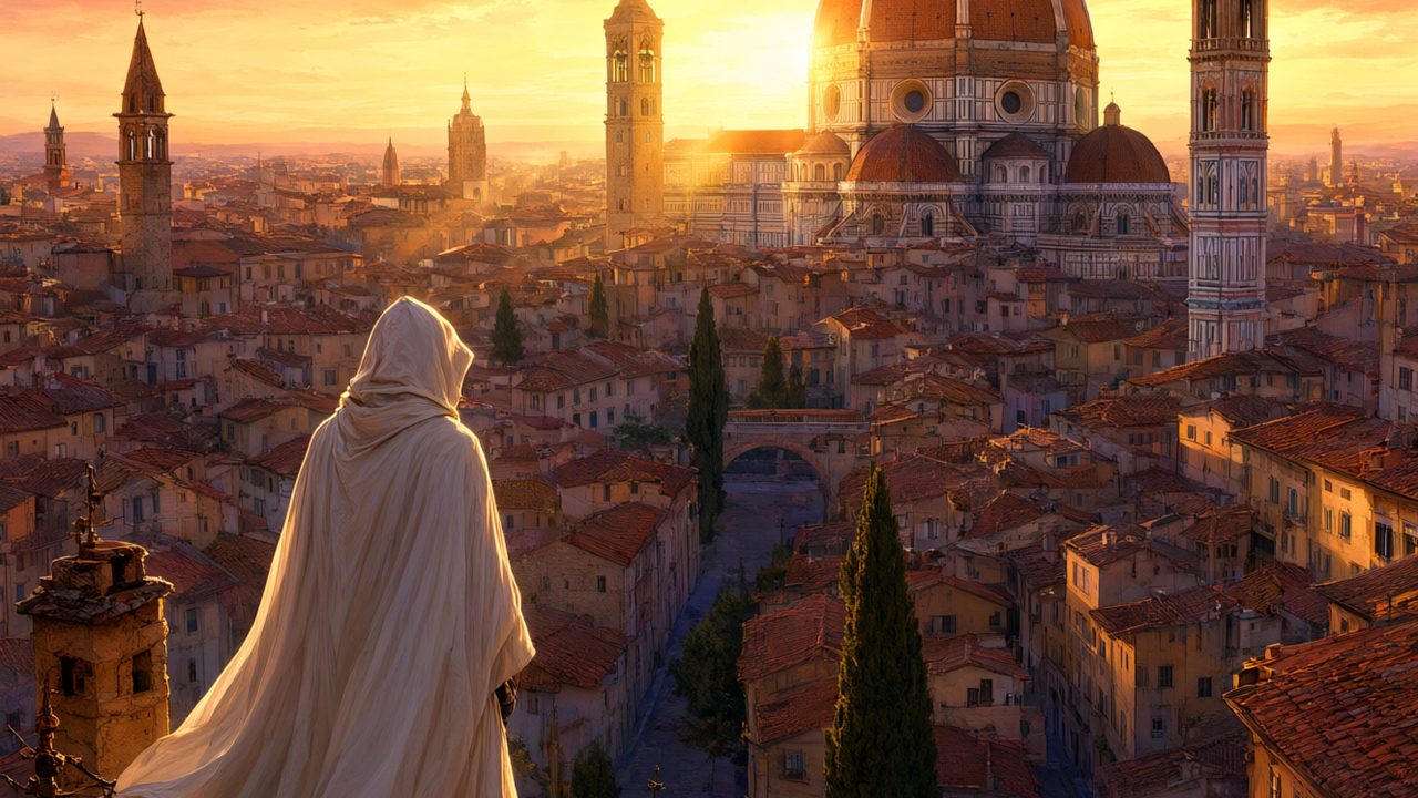 Figura encapuchada con capa blanca sobre los tejados de una ciudad renacentista italiana al atardecer
