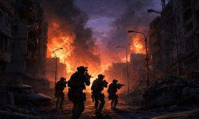 Soldados de fuerzas especiales avanzando al anochecer por una calle urbana en ruinas con explosiones al fondo