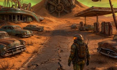 Viajero con traje blindado en un pueblo postapocalíptico con coches oxidados y neones rotos, ilustración del páramo