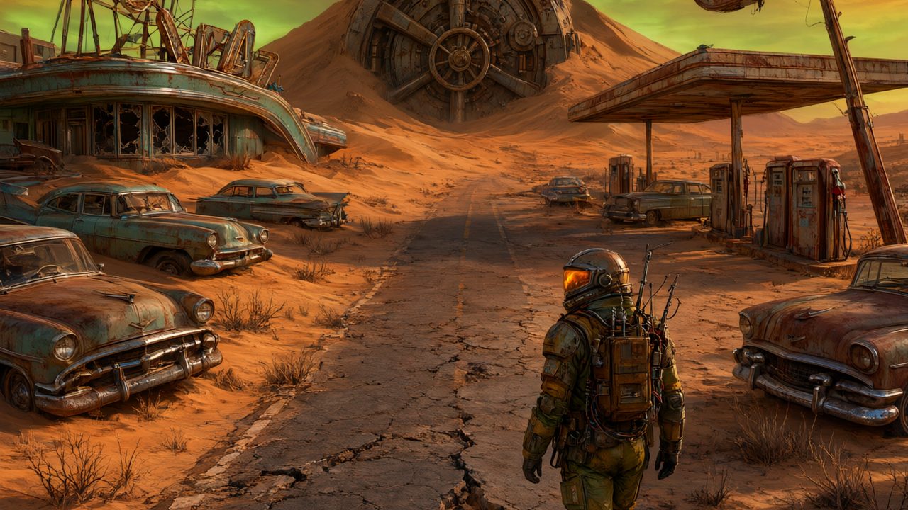 Viajero con traje blindado en un pueblo postapocalíptico con coches oxidados y neones rotos, ilustración del páramo