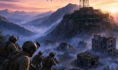 Escuadra de mercenarios avanzando al amanecer hacia una zona de control en un valle montañoso