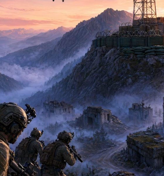 Escuadra de mercenarios avanzando al amanecer hacia una zona de control en un valle montañoso