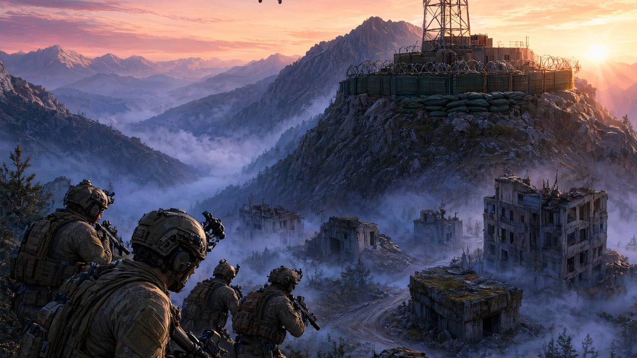 Escuadra de mercenarios avanzando al amanecer hacia una zona de control en un valle montañoso