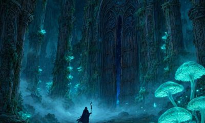 Reino subterráneo gótico con ruinas, niebla y luciérnagas, ilustración de metroidvania