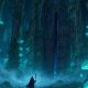 Reino subterráneo gótico con ruinas, niebla y luciérnagas, ilustración de metroidvania