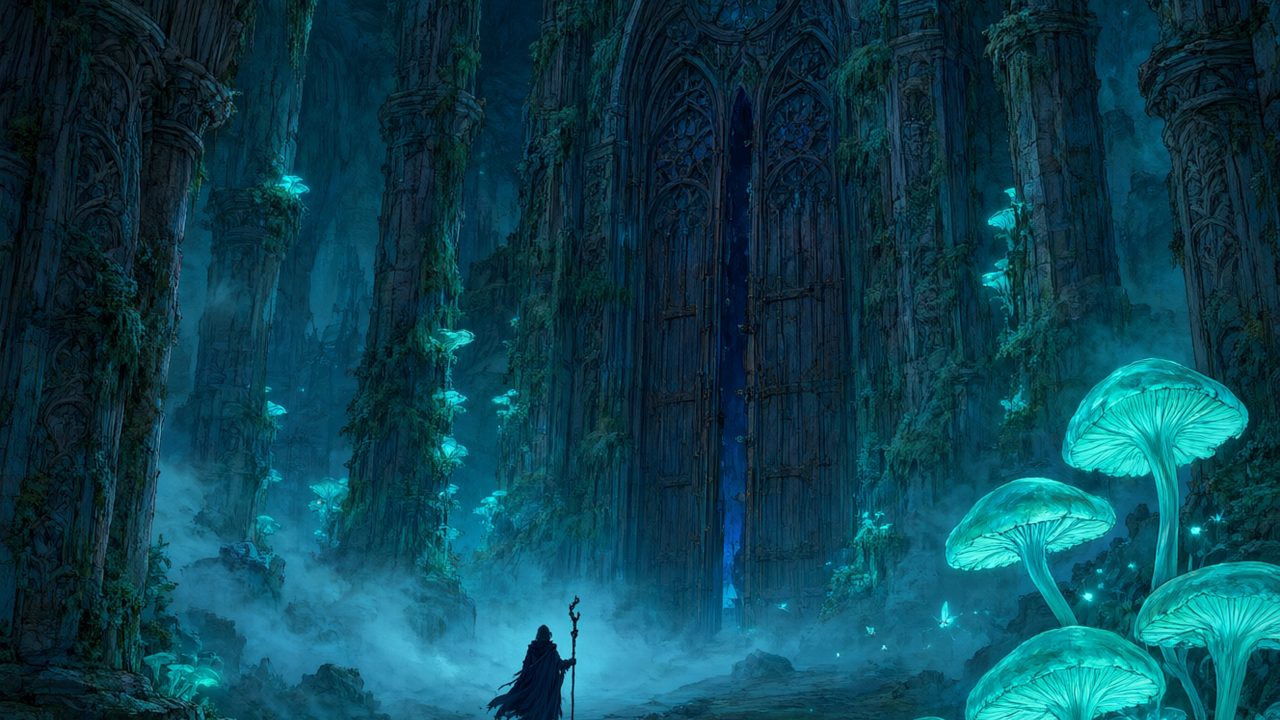 Reino subterráneo gótico con ruinas, niebla y luciérnagas, ilustración de metroidvania