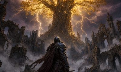 Caballero con armadura oscura ante un árbol dorado gigante en paisaje de fantasía