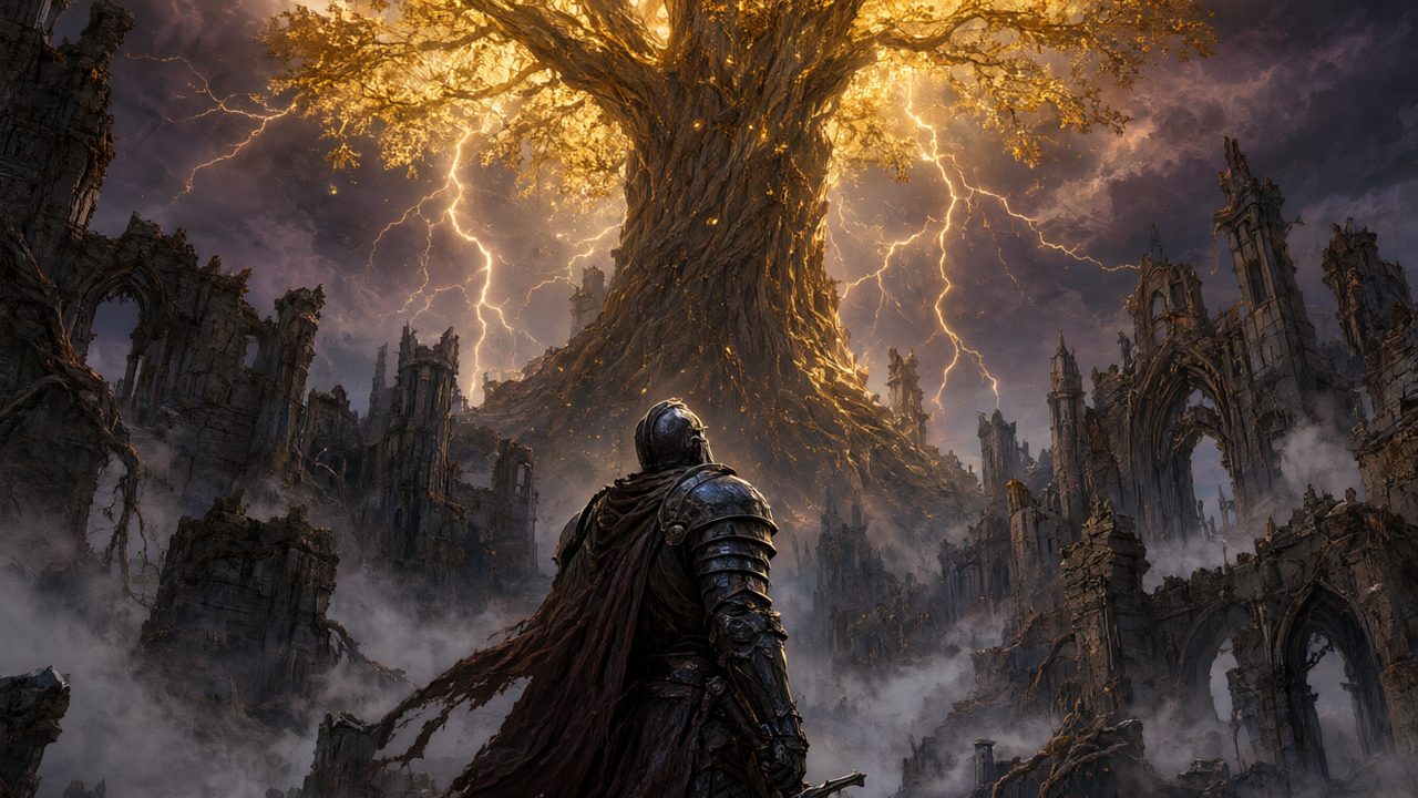 Caballero con armadura oscura ante un árbol dorado gigante en paisaje de fantasía