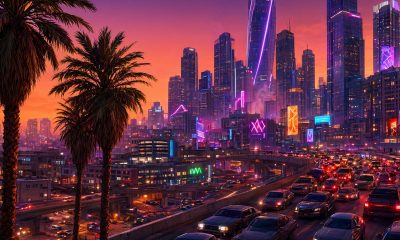 Ciudad moderna al anochecer vista desde una autopista elevada con rascacielos de neón