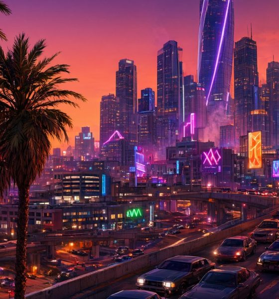 Ciudad moderna al anochecer vista desde una autopista elevada con rascacielos de neón