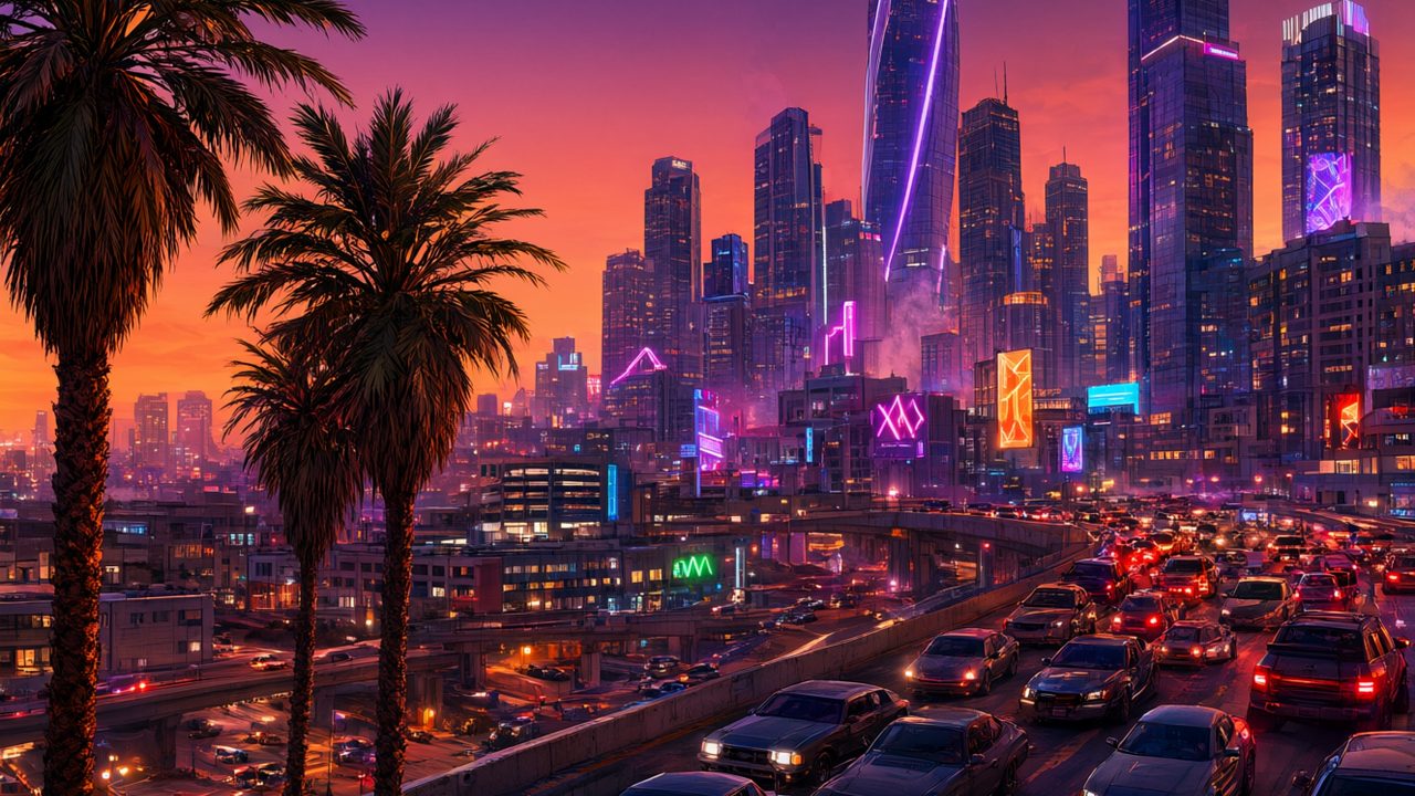 Ciudad moderna al anochecer vista desde una autopista elevada con rascacielos de neón