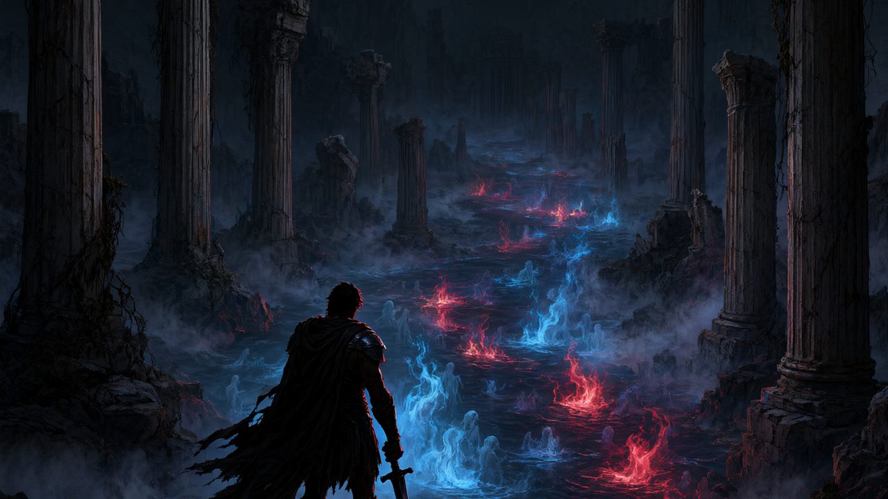 Inframundo de la mitología griega con guerrero, juegos parecidos a Hades