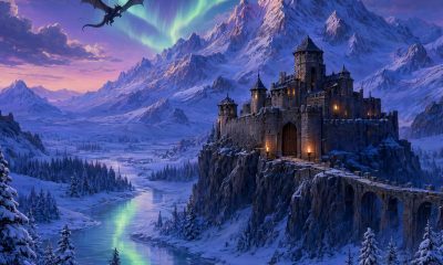 Paisaje de fantasía épica con montañas nevadas y dragón al atardecer, evocando los juegos parecidos a Skyrim