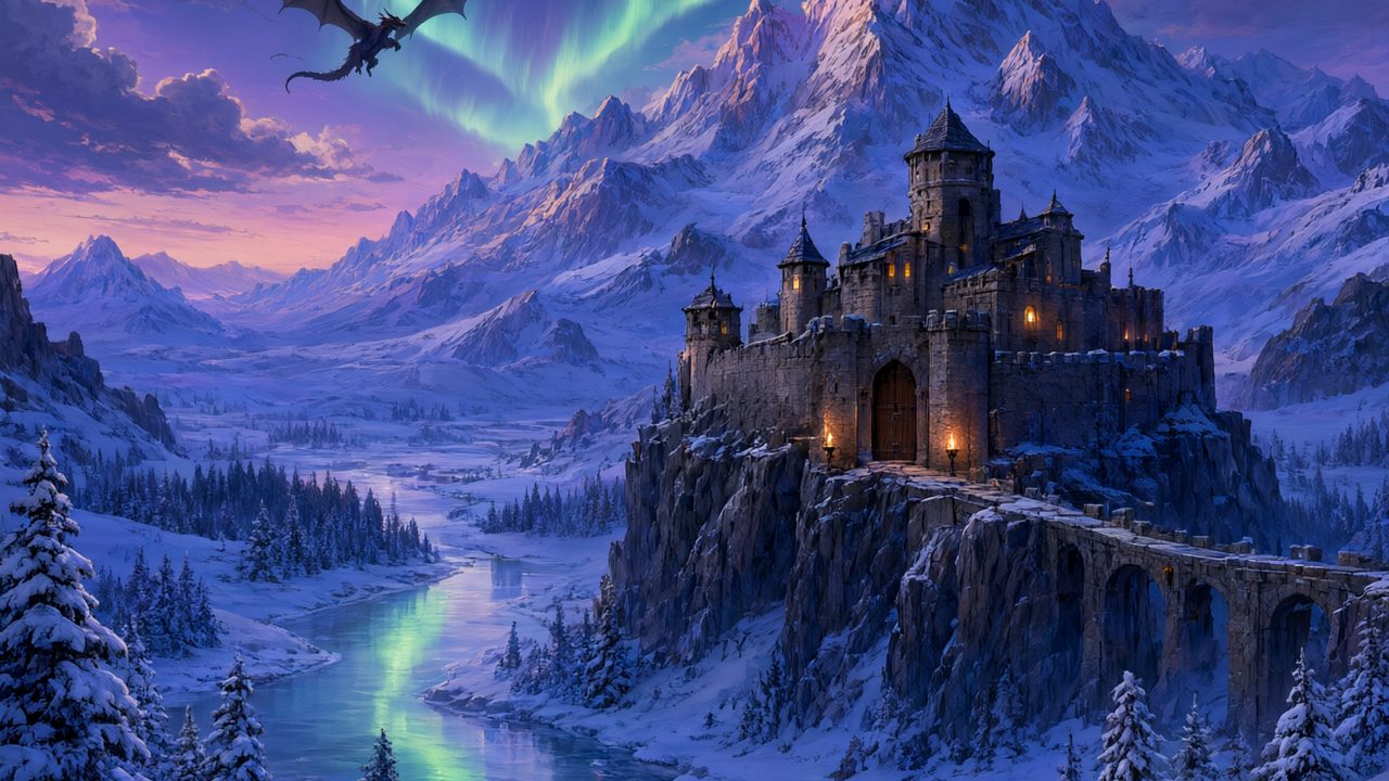Paisaje de fantasía épica con montañas nevadas y dragón al atardecer, evocando los juegos parecidos a Skyrim