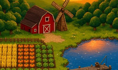 Granja acogedora en pixel art al atardecer con cultivos, granero rojo y lago