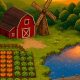 Granja acogedora en pixel art al atardecer con cultivos, granero rojo y lago