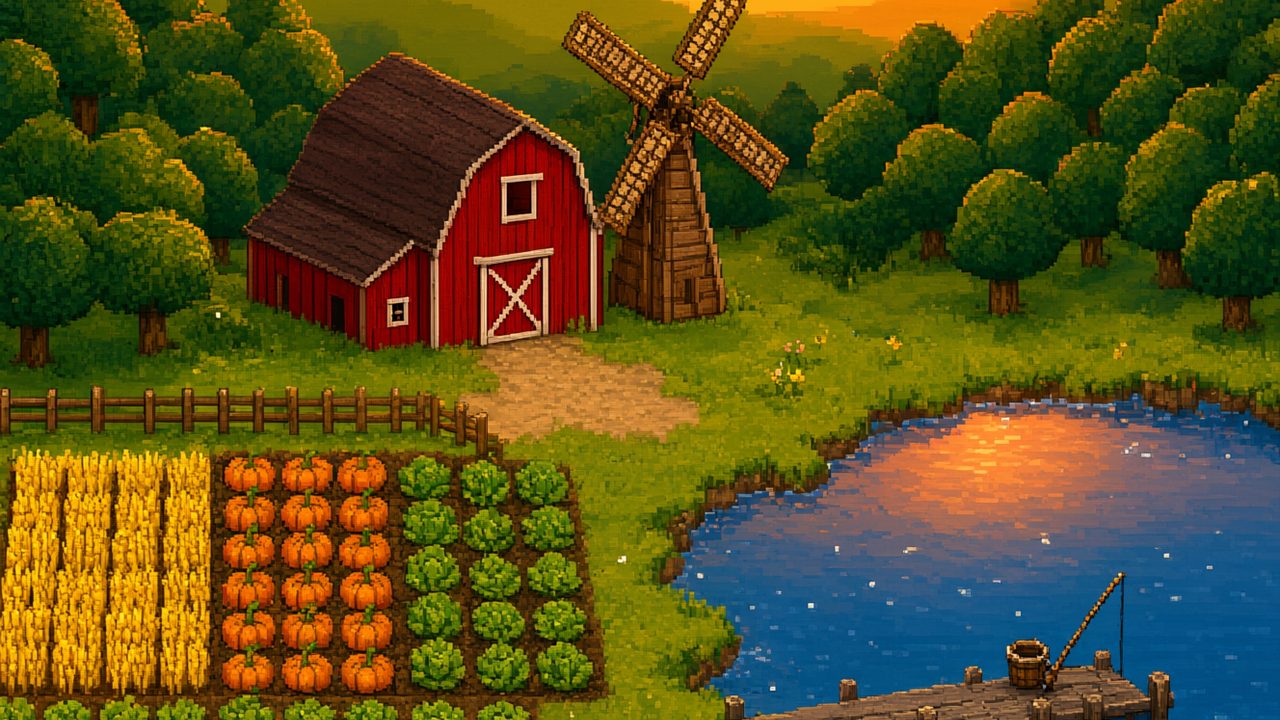 Granja acogedora en pixel art al atardecer con cultivos, granero rojo y lago