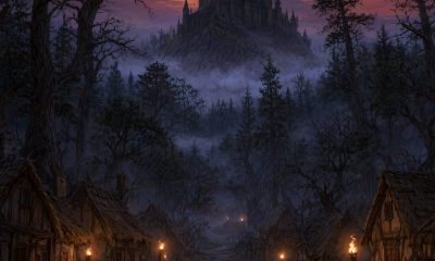 Paisaje medieval de fantasía oscura con castillo y bosque con niebla