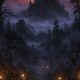 Paisaje medieval de fantasía oscura con castillo y bosque con niebla